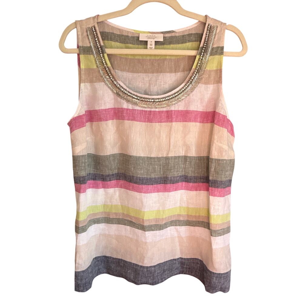 CHARTER CLUB LUXURY LINEN Sz. M NWT Sleeveless Top Striped Linen Earthy Colors